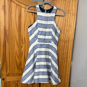 DESIGN LAB LORD & TAYLOR PEPLUM SKATER MINI-DRESS WOMENS M BLUE WHITE ZIP-BACK